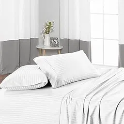 1 Piece Bed Sheet,100% Egyptian Cotton,10 by 10 Feet (120" x 120") Bedsheet, 400TC Best Sateen Flat Bedsheets with 4" Hemmed,Cool & Silky Chadar - White Stripe-image-5