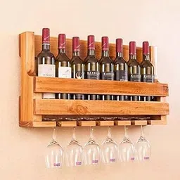 Wooden Wall-Mounted Wine Rack with Glass Holder, 2-Tier Storage Shelf for 8 Bottles and 6 Stemware, Rustic Oak Finish-picture-27
