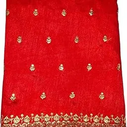 Red Raw Silk Fabric with Gold Embroidered Border, Traditional Blouse Material-picture-23