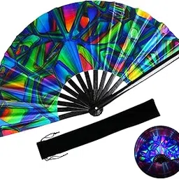 TAYUQEE Folding Hand Fan - 13 Inch Large Bamboo UV Glow Fan for Music Festivals, Parades, Rave Party and Decorations-picture-20