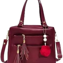 Ladies Faux Leather Satchel Handbag, Burgundy, Double Zip Compartments, Tassel Charm, Pom Pom Accessory, Shoulder Strap-picture-21