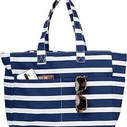 aqva Large Printed Canvas Beach Pool Bag For Women | 16 x 12.5 Inch - 100% Cotton Tote With Zipper, 4 Pocket Outside & Inside Pocket, Casual, Travel Fashion-picture-15