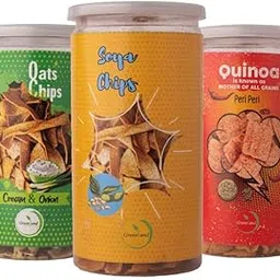GREENLAND Protein Chips (Pack of 3, 135g Each) Healthy Snacks | Gluten Free | Rich in Protein | Zero Trans Fat | Flavor: Peri Peri Quinoa, Cream & Onion Oats, Soya-picture-25
