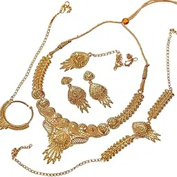 Yash Sales 1 Gram Gold Plated Jewellery Set for Women – Necklace, Earrings & Maang Tikka – Traditional Indian Bridal Set-picture-34