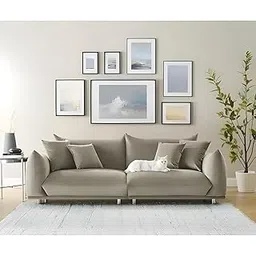 Modern 3 Seater Sofa Premium Upholstered Three Seater Sofa for Living Room Guest Room Hotels & Office Comfortable & Stylish Modern Sofa (Beige Velvet)-image-2