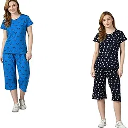 Cotton Allover Printed Night Suit Tshirt and Capri Set for Women (Pack of 2)-picture-27
