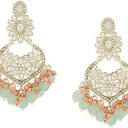 zaveri pearls Green & Pink Cluster Beads Kundan Ethnic Dangle Yellow Gold Earring For Women-ZPFK13547-picture-36
