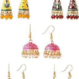 yellow chimes Meenakari Jhumka Earrings for Women | Traditional Jhumki Earrings Set for Girls | Combo of 5 Pairs Jhumkas Ethnic Gold Plated Women Earrings | Chic Reverie | Birthday Gift For Girls-picture-11