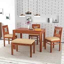 KINGS HOME FURNITURE Solid Sheesham Wood 3 Chair with 1 Bench Dining Table Set with Cushioned Chairs for Dining Room | Living Room | Home & Office | Hotels (4 Seater with Bench,A-Honey)-picture-27