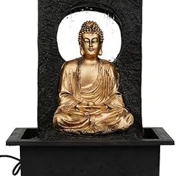 CHRONIKLE Polyresin Table Top Golden Brown Meditating Buddha Indoor Waterfall Fountain for Home Decor with Yellow LED Lights, Speed Controller Pump (Size: 38 x 22 x 29.5CM | Weight: 2120grm) image 1
