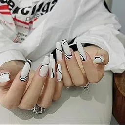 VIKSON INTERNATIONAL press on 24 pcs White Black | abstract UV Gel glossy Finish Long coffin ballerina shape || press on fake Artificial Reusable Nail extension set | With nail glue sticker sheet & nails apply kit for girls women.-image-49