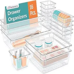LIVINGBASICS 16 Pieces, 5 Sizes Unbreakable Drawer Organizer/Drawers Organisers/Make up Organiser/Drawer Divider Tray/Makeup Dresser Tray/Dressing Table Organiser (Transparent)-picture-22
