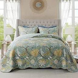 NEWLAKE Cotton Bedspread Quilt Sets-Reversible Patchwork Coverlet Set, Green Floral Pattern, Queen Size-picture-16