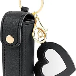 Feelon Women Lipstick Holder Keychain with Mirror, Soft PU Leather Portable Chapstick Holder Lipstick Pouch with Metal Key Ring for Trave Party Gift (Black, Free) image 1