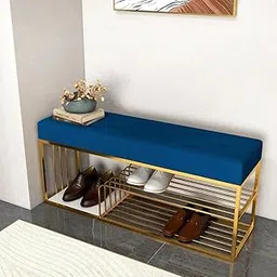 Dence Store Metal End of Bed Bench-Upholstered Entry Shoe Storage with Nailhead Trim,Black Mental Frame Ottoman Bench for Bedroom Entry Window Mudroom Living Room (Blue) image 1