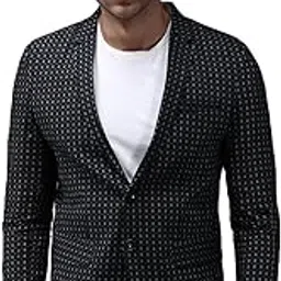 SHOWOFF Men's Mandarin Collar Black Printed Blazer-SOBLZ-280_Black-image-67