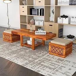SIGNATURE KRAFT Solid Sheesham Wood Coffee Table with 2 Stools for Home, Office | Wooden Center Cofee Table for Living Room, Center Table with Shelf Storage, Carved- Natural Teak Finish-picture-11