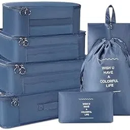 AASHRIT Nylon 8 Pcs Travel Organizer Pouch Packing Cubes For Clothes Space Savers Bags Cosmetics/Underwear/Socks/Shoes Toiletry Bag Laundry Organiser (navy blue)-picture-56