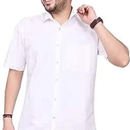 Mens Cotton Spread Collar Solid White Half Sleeve Formal Shirt-picture-25