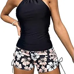 Women's 2 Piece Tankini Swimsuit Floral Halter Tie Neck Tankini Top with Shorts Swimwear-image-15
