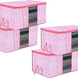 Kuber Industries Underbed Storage Bag | Clothes Storage Bag | Blanket Cover with Clear Window | Zipper Closure & Handle Cloth Organizer | Leaf-Design | Large | Pack of 4 | Pink image 1