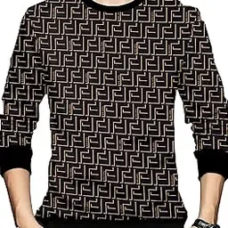 kajaru Men's Designer Pattern Full Sleeve T-Shirt, Black and Gold Geometric Print, Crew Neck-picture-22