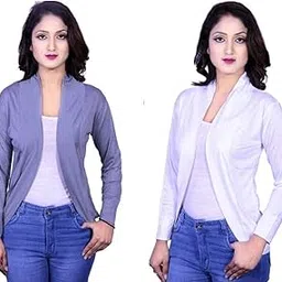 Kanchan World Women High-Low Full Sleeve Two Color Combo Set of 2 Plain Shrug-picture-12