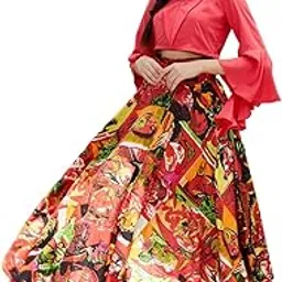 pannkh Women’s Red Crop Top & Printed Skirt Co-ord Set | Embroidered Collar Blouse with Picasso Inspired Flared Skirt | Stylish Festive Co-ord Set for Women Party, Wedding, Cocktail & Modern Outfits-picture-11
