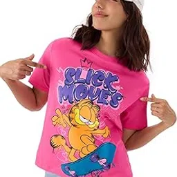 Official Garfield: Slick Moves Women and Girls Round Neck Short Sleeve Pink Graphic Printed Cotton Relaxed Fit T-Shirts Old Retro Cartoon 90s Animated Character Themed-image-6