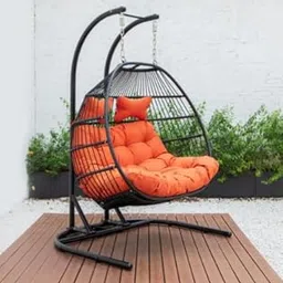 OUTAREA Double Seater Braided and Rope Swing Chair with Stand and Cushion for Patio, Balcony, Garden, Terrace, Living Room, Relaxing Chair (Black Swing with Orange Cushion)-image-6