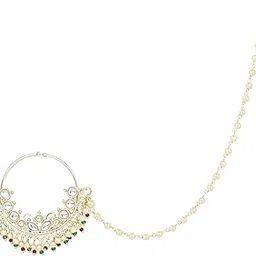 i jewels Gold Plated Traditional Ethnic Bridal Nose Ring/Nath Without Piercing with Pearl Chain Encased with Pearl Stone for Women/Girls (NL70W)-picture-32