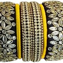 harshanvikaboutique| Silk Thread Ladies Trendy Designer| Bangles With Black Color| Set For Women's (lemon yellow-Black) (Pack of 12) (Size-2/0)-image-67