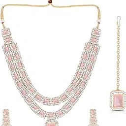 iij American/AD Two-Layered | Sparkling Square-Shaped Rhinestone Crystal Design Necklace | Dangle Earrings and Maang Tikka for Wedding Jewellery Set for Women and Girls-picture-55