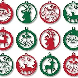 eCraftIndia Red & Green Santa Claus, Reindeer, Merry Christmas, Bells, Snowflake, Christmas Tree MDF Wooden Cutout Christmas Tree Decoration Hanging Items (Set of 12) image 1