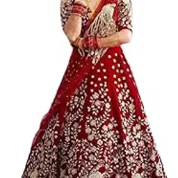 Women's Embroidered Free Size Traditional Tafeta Velvet Lehenga Choli with Net Dupatta Red_ML_19-image-94