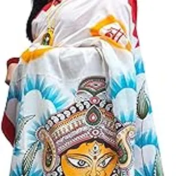 sareesaaz Hand-Painted Bengali Traditional Saree, White with Red Border, Durga Goddess Motif, Cotton-picture-58