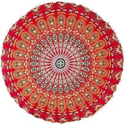 ART WORLD Round Pouf Cover Cushion Cotton with Pom Meditetion Seating for Living Dorm Room Color Size 22 inch Inches (Cover Only) (Red)-image-9