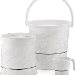 Liza 3 pcs Bathroom Accessories Set Plastic Bath Set Bathroom Bucket 20Ltr, Mug and Stool 3 Piece Combo Set for Home, Kitchen & Bathroom (White) image 1