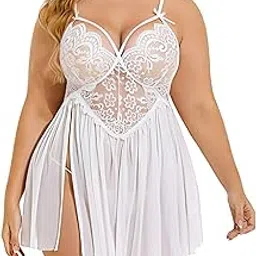 Beautiful Creations Womens Plus Size Lace Floral Knee Length Babydoll Nightwear Set with G-String Panty-image-97