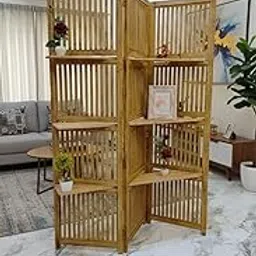 Decor Delights Wooden Room Divider with Shelves – 3 Panel Folding Partition Screen for Living Room & Bedroom | Multipurpose Display Shelf | Size 72 x 60 Inches | Antique Natural Finish-image-54