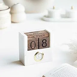 Marbleous Marble And Wooden Desk Blocks Calendar With Table Clock | Rustic Wooden Cubes Calendar Home Office Decoration | Teacher Desk Decor Wood Desktop Calendar Month Date Display | White & Brown-image-3