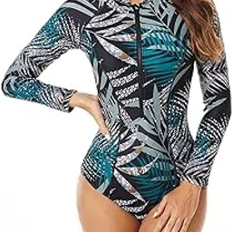 Maeau Women's Long Sleeve Rash Guard UV Protection Zipper One Piece Swimsuit Floral Printed Surfing Bathing Suit-picture-39
