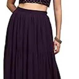 Women Sequinned Embroidered Halter Neck Sleeveless Georgette Crop Top & Tiered Skirt Fusion Co-Ord Set-image-15