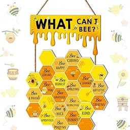 JarThenaAMCS Bee Wall Decor Inspirational Summer Bee Hive Wooden Hanging Sign Cute Honeycomb Design Door Hanger Ornament for School Classroom Home Bedroom Decor-image-53