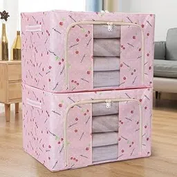 HAKKU 66 LTR Foldable Steel Frame Cloths Zip Organizer Bag and Oxford Fabric Storage Living Cover Boxes For Wardrobe Shelves Clothes, Sarees, Bed Sheet, Blanket (Peach, 66 Ltr - Pack of 2)-picture-13