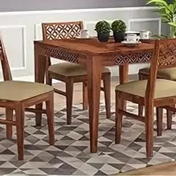 PARSHANT ART Solid Sheesham Wood 4 Seater Dining Table with Cushion Chairs | Four Seater Dining Room Furniture | CNC Design Dinner Table for Living Room Home and Restauran | Natural-image-6