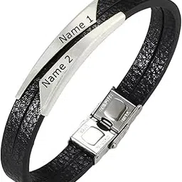 myjewel Two Names Your Customized Text Engraved Leather Geometric Stainless Steel Gold Black Customized Personalised Laser Engraved Wrist Band Bracelet for Men - Stylish and Personalized Accessory-picture-45