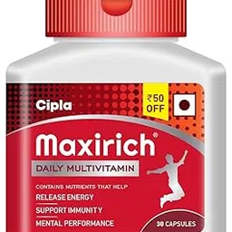 Cipla Maxirich Daily Multivitamin (30 Capsules) For Men & Women With Essential Nutrients, Vitamins, Minerals, Anti-oxidants For Building Immunity & Energy (Bottle Pack)-picture-25