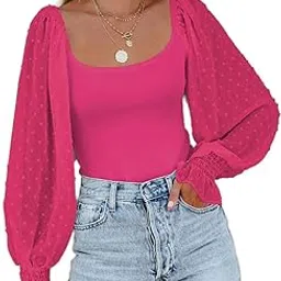 zeagoo Women's Square Neck Puff Long Sleeve Bodysuit Off Shoulder Leotard Sheer Polka Dot Sleeve Top-picture-51