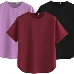 juneberry JUNEBERRY® Pure 100% Cotton Oversized Loose Baggy Fit Round Neck with Drop Shoulder Half Sleeves Boyfriend T-Shirt Combo of 3 for Women & Girls (Pack of 3)-picture-19